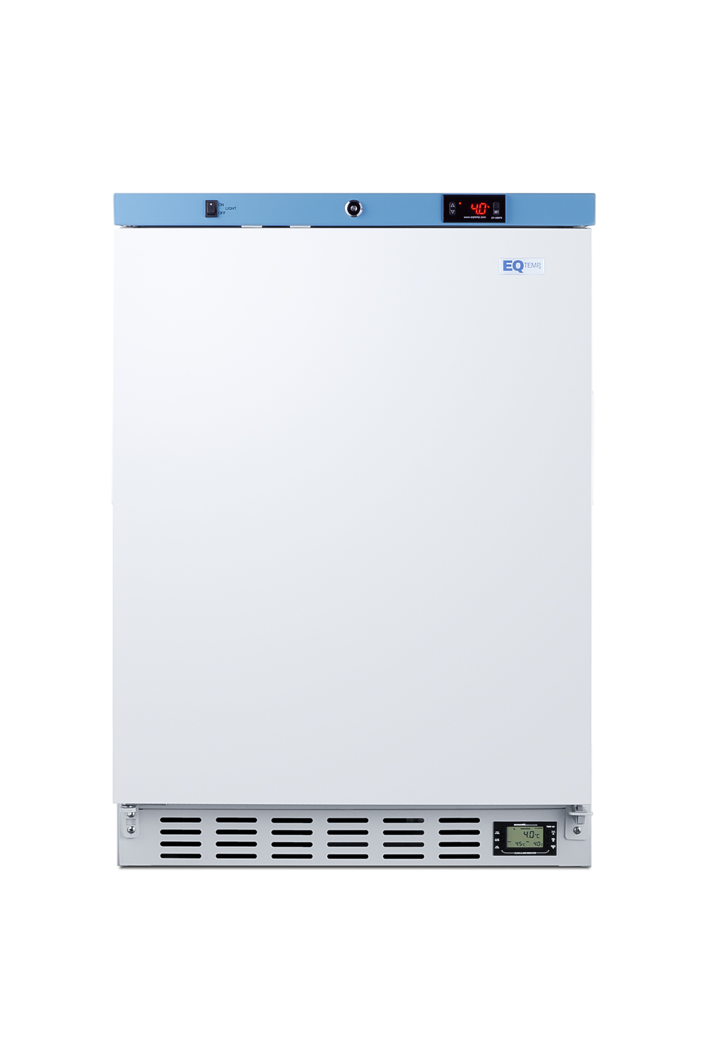 Built-In healthcare all-refrigerator certified to NSF/ANSI 456 with self-closing glass door, front lock, digital controls, and NIST calibrated temperature readout